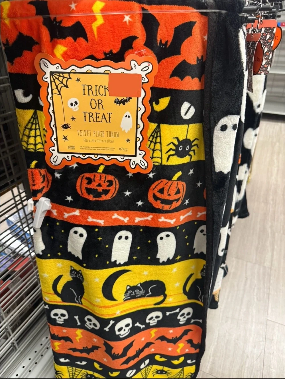 Trick or Treat Velvet Plush Halloween Throw Blanket - Orange, Black, Yellow